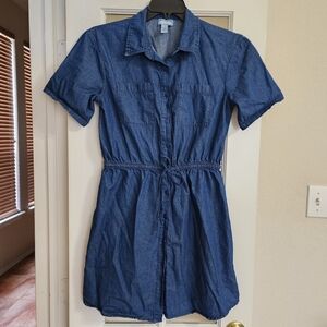 Studio West 100% Cotton Denim Button-Front Dress Size S Drawstring Waist Casual